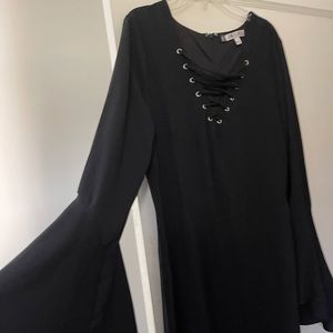 Black flare long sleeve mid length dress